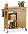 Modern Serving Trolley Cart, Natural Bamboo Wood With 2-Door and 2-Drawer DL Modern