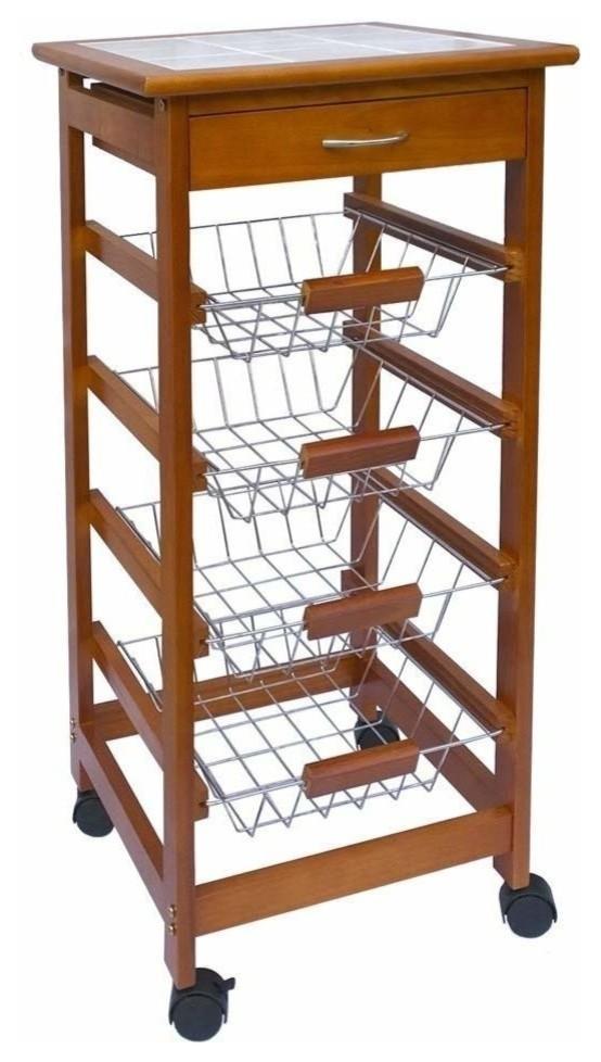 Modern Serving Trolley Cart, Solid Pine Wood With Ceramic Tiled Top and Wheels