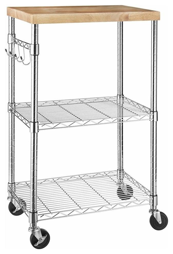 Modern Serving Trolley Cart, Stainless Steel Frame and Removable Wooden Top DL Modern