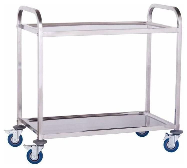 Modern Serving Trolley Cart, Stainless Steel With 2 Open Shelves, Blue Wheels DL Modern