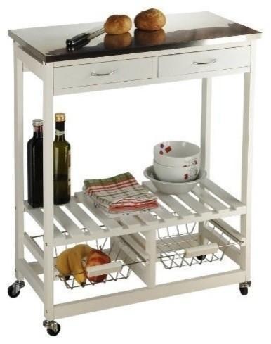 Modern Serving Trolley Cart, White MDF With Stainless Steel Top and 2-Drawer DL Modern