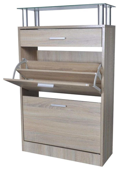Modern Shoe Cabinet, Oak Finished Wood With Drawer and Top Glass Shelf DL Modern