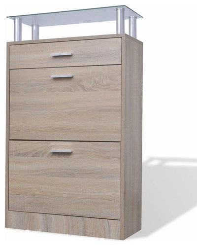 Modern Shoe Cabinet, Oak Finished Wood With Drawer and Top Glass Shelf DL Modern