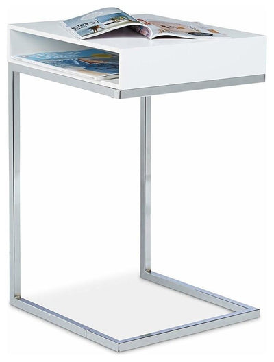 Modern Side End Table With Steel Frame, Wood Grain Tabletop, White DL Modern