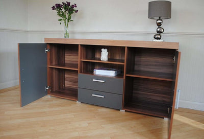 Modern Sideboard, Graphite Finished MDF and Walnut Top With 2-Door and Drawers DL Modern