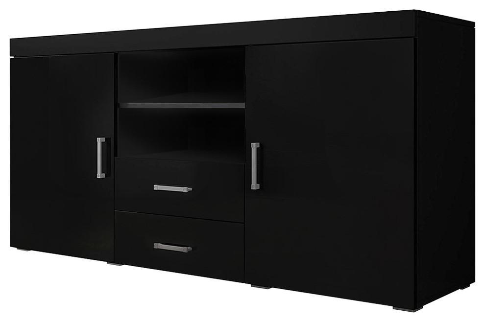 Modern Sideboard, Matte Black High Gloss MDF With 2-Door and 2-Storage Drawer DL Modern