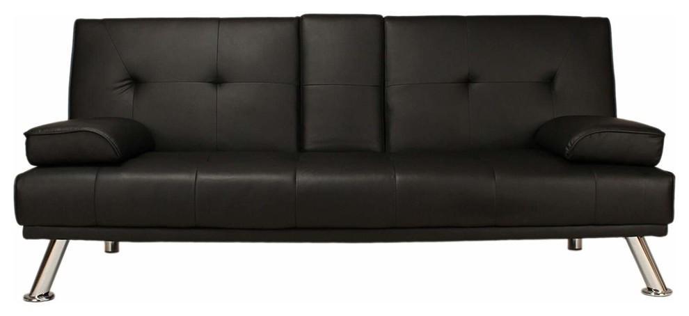 Modern Sofa Bed, Faux Leather With Cup Holder, Two Pillows and Chrome Legs DL Modern