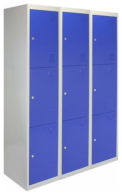 Modern Storage Cabinet, Blue-Grey Finish Metal With 9-Door and Inner Shelves DL Modern