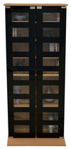 Modern Storage Cabinet in Beech Finished MDF with 2 Black Tempered Glass Doors DL Modern