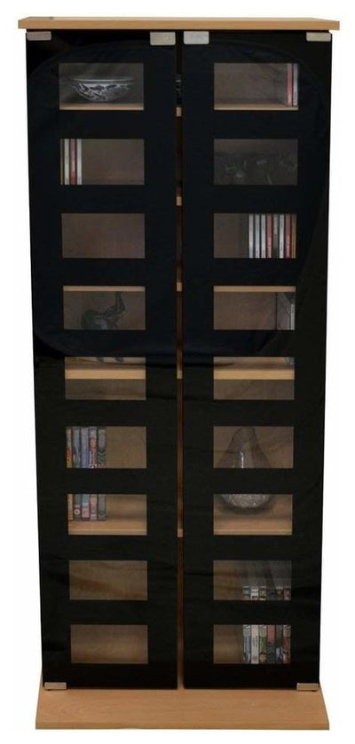 Modern Storage Cabinet in Beech Finished MDF with 2 Black Tempered Glass Doors DL Modern