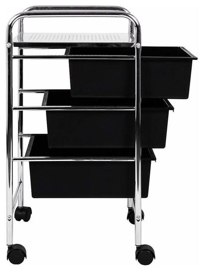 Modern Storage Cabinet Trolley, Chrome Plated Steel Frame, 3 Black Drawers DL Modern