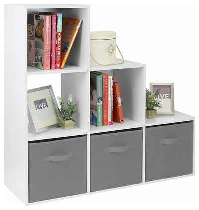 Modern Storage Cabinet, White Painted MDF With 3 Grey Drawers and Open Shelves DL Modern