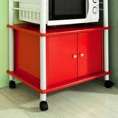 Modern Storage Serving Trolley, MDF, White Steel Frame, Bottom Cabinet, Red DL Modern