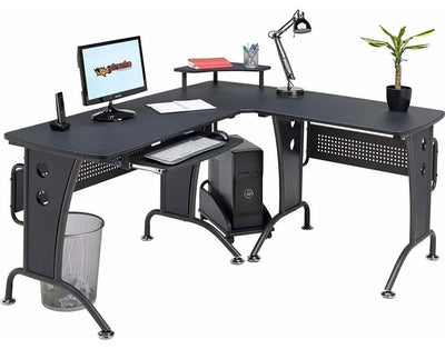 Modern Stylish Corner Desk, MDF, Woodgrain Effect, Monitor Stand, Graphite Black DL Modern