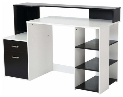 Modern Stylish Desk, White/Black MDF With Open Shelves and Storage Drawers DL Modern