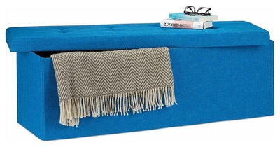 Modern Stylish Folding Ottoman Upholstered, Linen Fabric, Removable Lid, Blue DL Modern