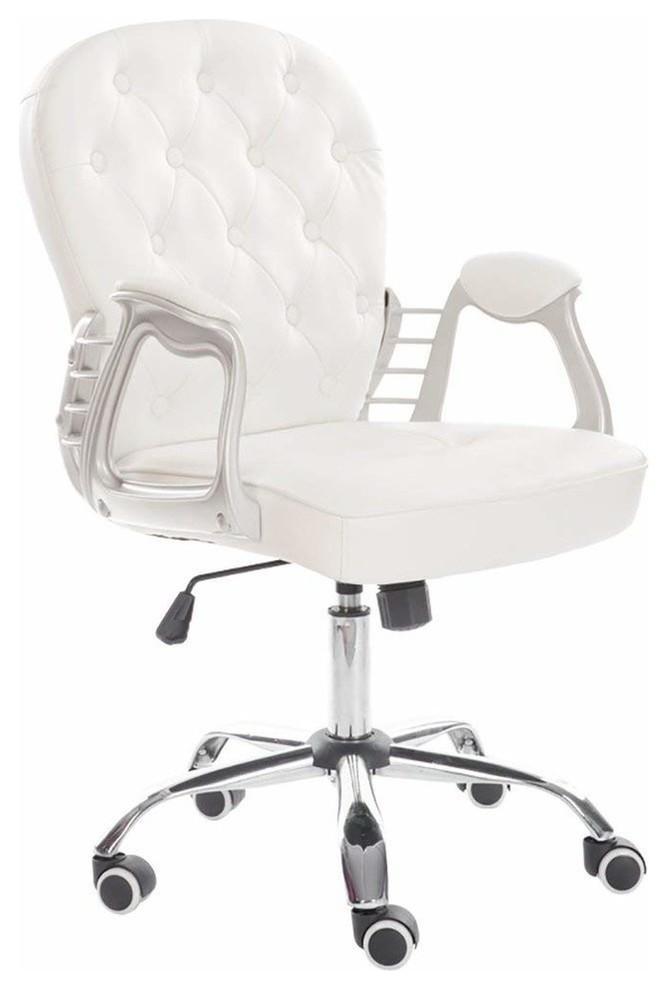 Modern Swivel Chair, PU Leather, Padded Armrest, Buttoned Mid Back Design, White DL Modern