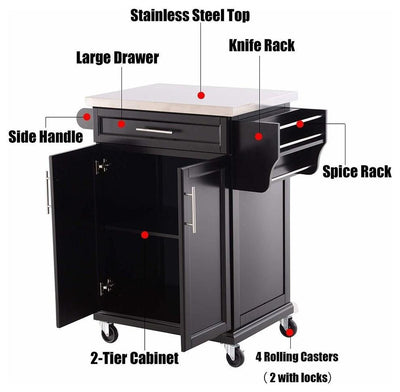 Modern Trolley Cart, Black Painted MDF With Stainless Steel Worktop and Cabinet DL Modern