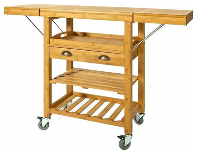 Modern Trolley Cart, Natural Bamboo Wood With 2 Folding Hinged Side Boards DL Modern