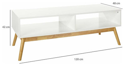 Modern TV Stand in White Finished Wood with Natural Oak Legs and Open Case DL Traditional
