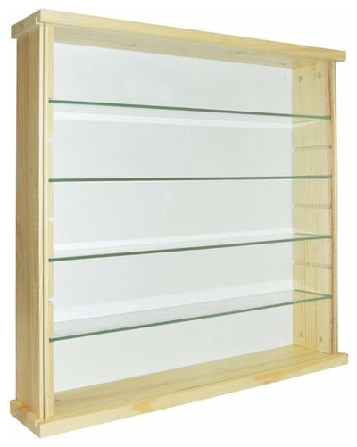 Modern Wall Display Cabinet, Natural Solid Pine Wood With 4 Glass Shelves DL Modern