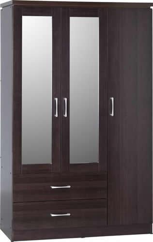 Modern Wardrobe, Walnut Finished Wood With Mirrored Doors and 2 Bottom Drawers DL Modern