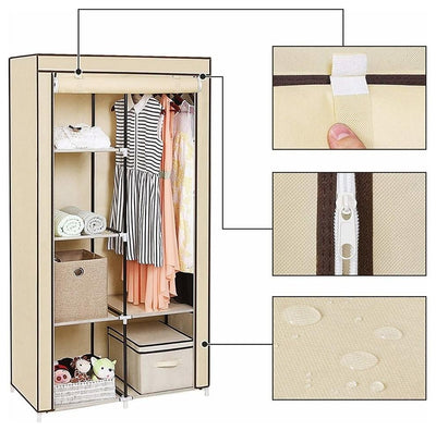 Modern Wardrobe, Waterproof Fabric With 2 Hanging Rail and Inner Shelves, Beige DL Modern