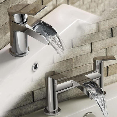 Modern Waterfall Basin Sink Mixer Tap and Bath Filler Faucet Set, Chrome Finish DL Modern