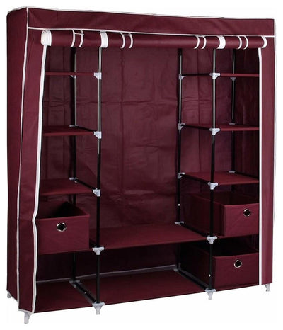Portable Wardrobe, Waterproof Fabric With Hanging Rail and Internal Shelves, Red DL Modern
