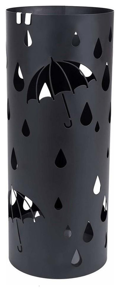 Round Umbrella Stand, Black Finished Metal With Drip Tray and Hooks, Modern DL Modern