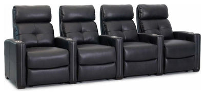 Row of 4 Cinema Chairs, Black Bonded Leather With Lumbar Support Drink Holders DL Transitional