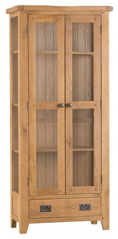 Rustic Display Cabinet, Oak Finished Solid Wood With Glass Doors and Drawer DL Rustic