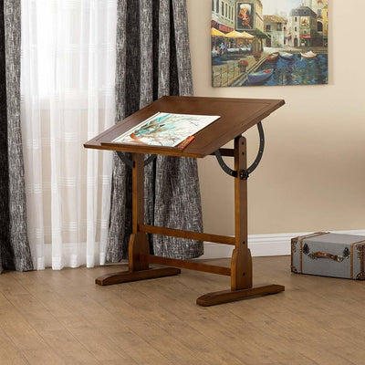 Rustic Drawing Table, Solid Hard Wood With Oak Finish, Adjustable Angle Top DL Rustic