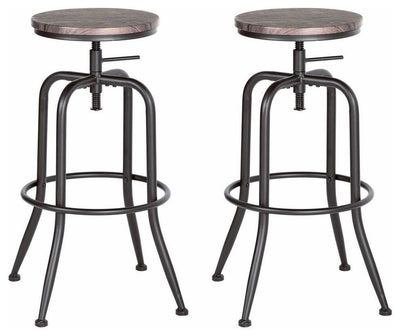 Rustic Set of 2 Bar Stools With Black Metal Frame, Wooden Top Adjustable Height DL Rustic