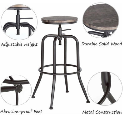 Rustic Set of 2 Bar Stools With Black Metal Frame, Wooden Top Adjustable Height DL Rustic