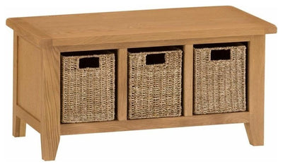 Rustic Storage Bench, Oak Finished Natural Wood With 3 Wicker Baskets DL Rustic