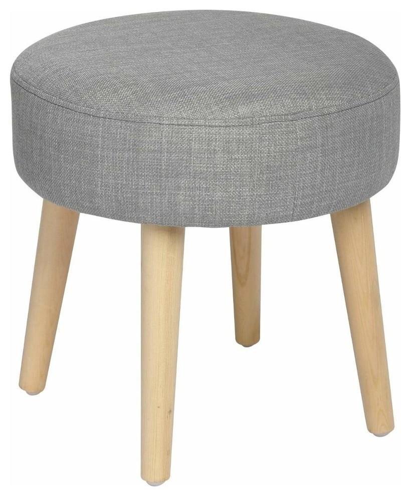 Scandinavian Round Stool, Grey Finished Fabric, Wooden Legs and Padded Seat DL Scandinavian