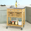 Serving Trolley Cart, Bamboo Wood With Stainless Steel Top, 2 Slatted Baskets DL Modern