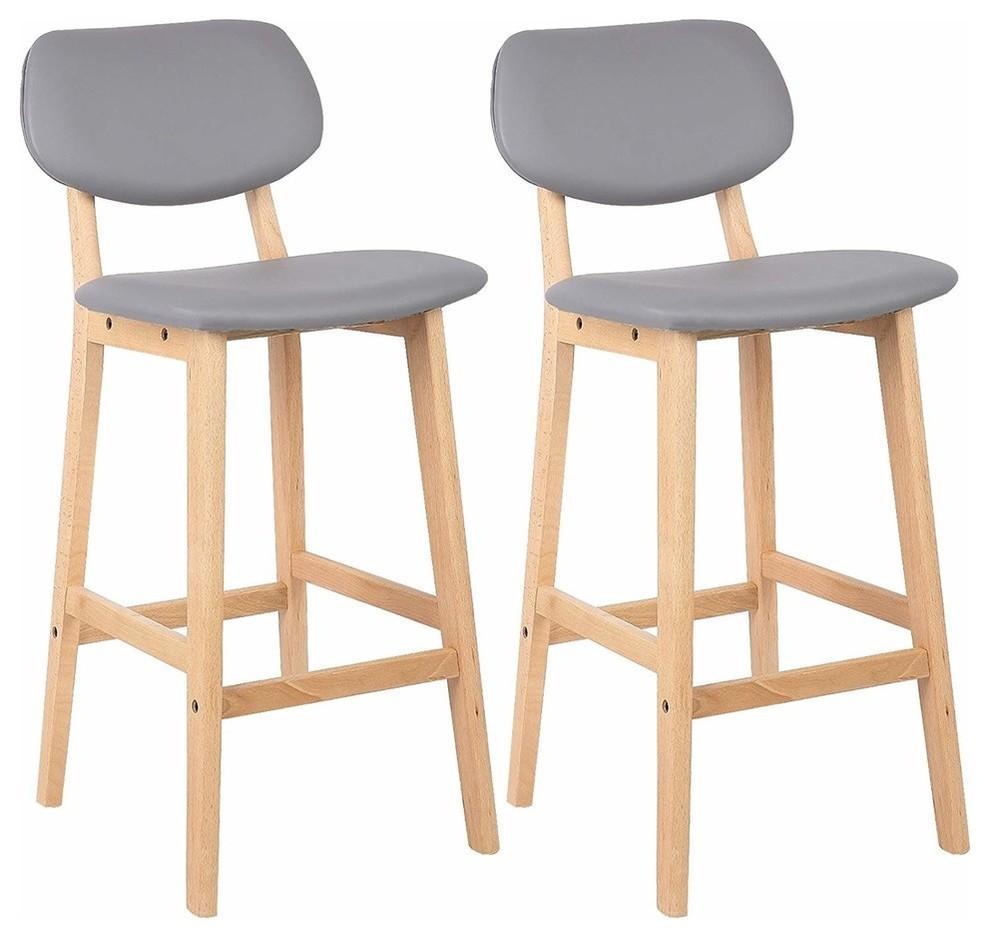 Set of 2 Bar Stool Upholstered, Faux Leather With Backrest and Footrest, Grey DL Modern
