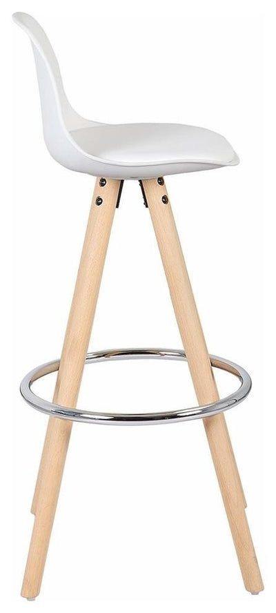 Set of 2 Bar Stools, Synthetic Leather, Wooden Legs and Steel Footrest, White DL Contemporary