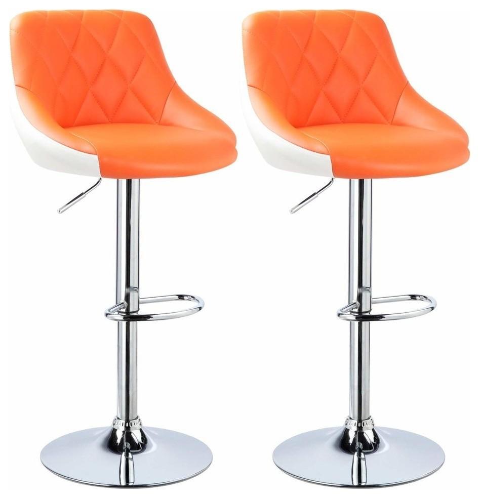 Set of 2 Bar Stools Upholstered, Faux Leather, Adjustable Height, Orange DL Modern