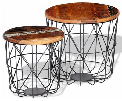 Set of 2 Vintage Round Coffee Table in Solid Wood and Steel Mesh Bottom DL Rustic