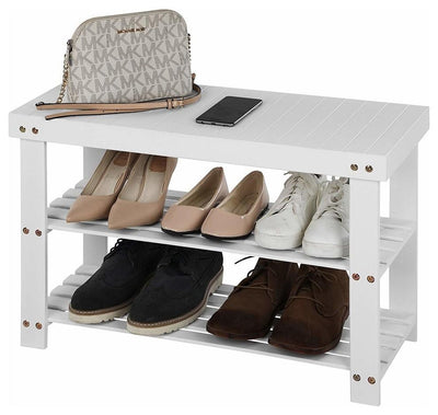 Shoe Storage Rack, Bamboo Wood With 3 Open Shelves, Contemporary Design, White DL Contemporary