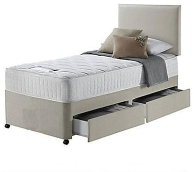 Single Bed Set in Beige Finished Fabric with Mattress, Headboard and Side Drawer DL Contemporary