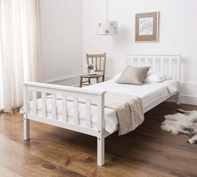 Single Bed, White Finished Solid Pine Wooden Frame and Slats for Extra Comfort DL Traditional