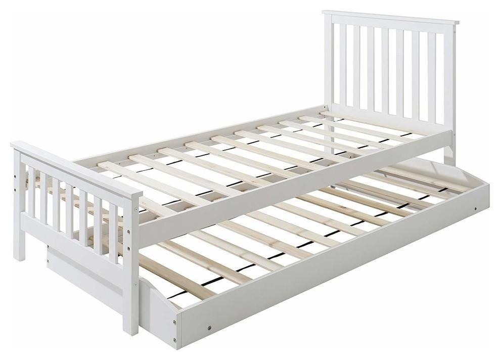 Single Bed, White Finished Wood Frame With Trundle, Slatted Base for Comfort DL Traditional