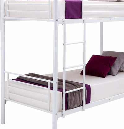 Single Bunk Bed, White Finished Metal Frame With Side Ladder and Guard Rails DL Modern