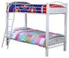 Single Bunk Bed, White Finished Metal Frame With Wooden Slats and Side Ladder DL Modern