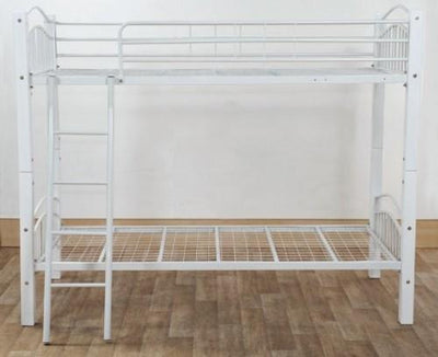 Single Bunk Bed, White Finished Metal Frame With Wooden Slats and Side Ladder DL Modern