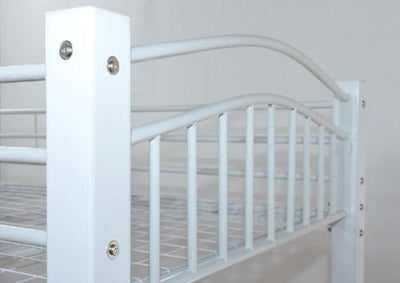 Single Bunk Bed, White Finished Metal Frame With Wooden Slats and Side Ladder DL Modern